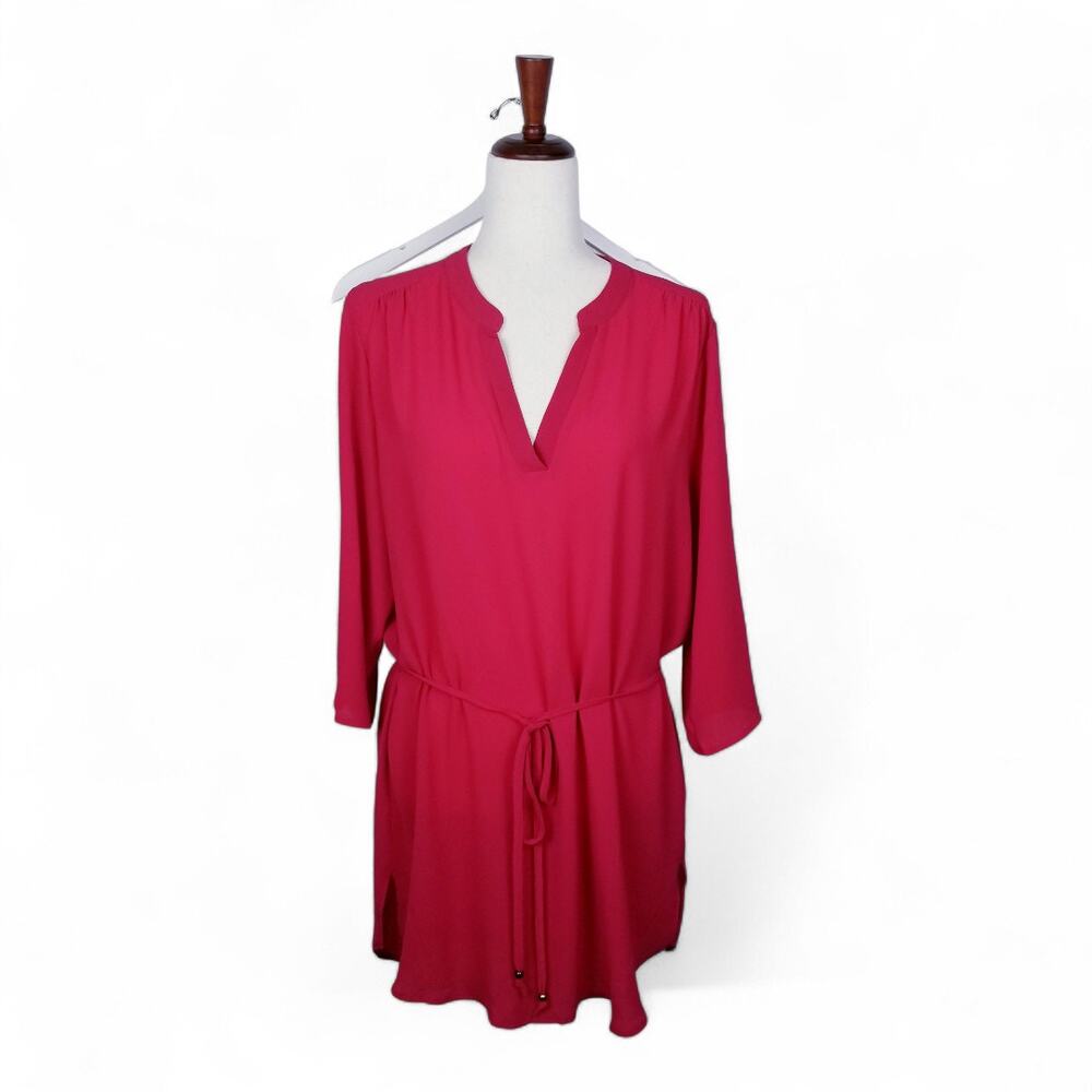 MERAKI Hi/Lo Sheath Dress Red Roll-Tab Sleeves Deep V-neck Belted - Size L
